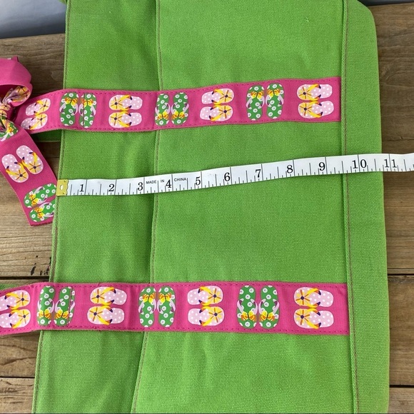 Super cute preppy green & pink flip flop print canvas tote bag with bow - Picture 6 of 10